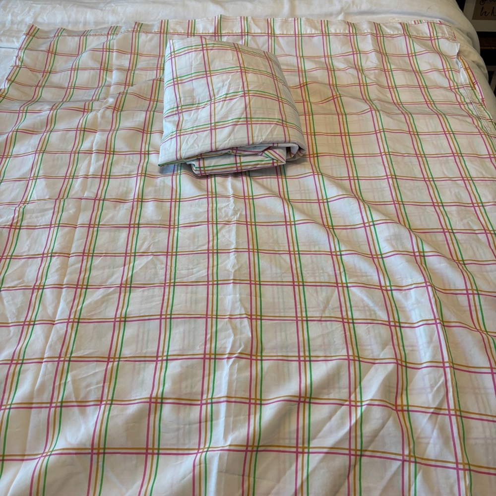 The BIG One Full Sz Sheets Deep Pocket plaid pink green white gold EUC